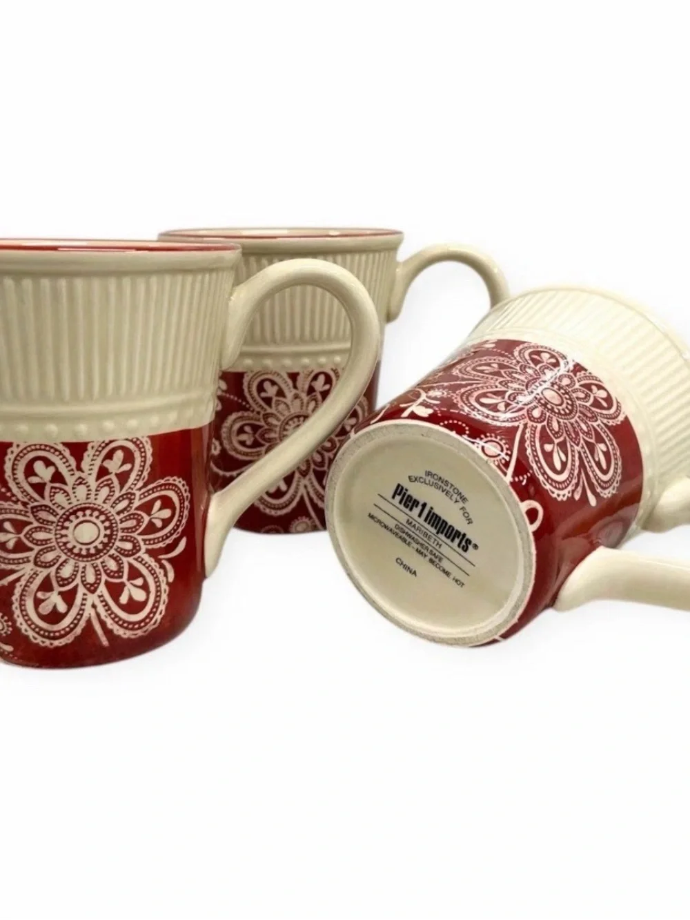 Pier 1 Imports Maribeth Ironstone Mugs Set of 3 Burgundy Cream Floral Cups